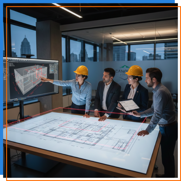 A professional group of fire protection engineers and consultants in a modern office, wearing yellow hard hats and safety glasses, reviewing digital 3D fire system models on a large touchscreen monitor and a lit architectural drafting table.